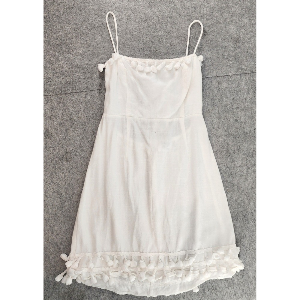 Princess Polly 4 White Tassel Trim Lace Up Back Linen Blend Mini Dress Womens